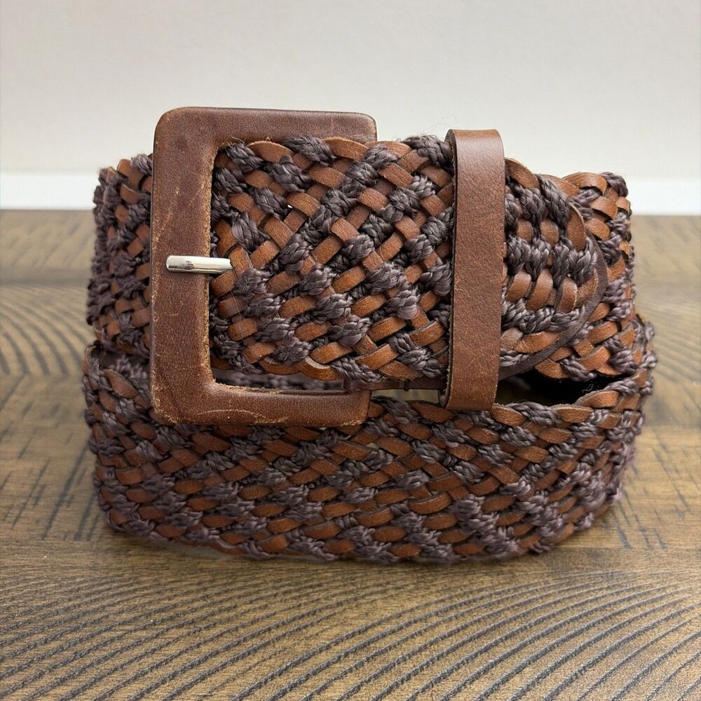 Vintage Woven Leather Cotton Belt Wide Brown Boho Western Women Size S